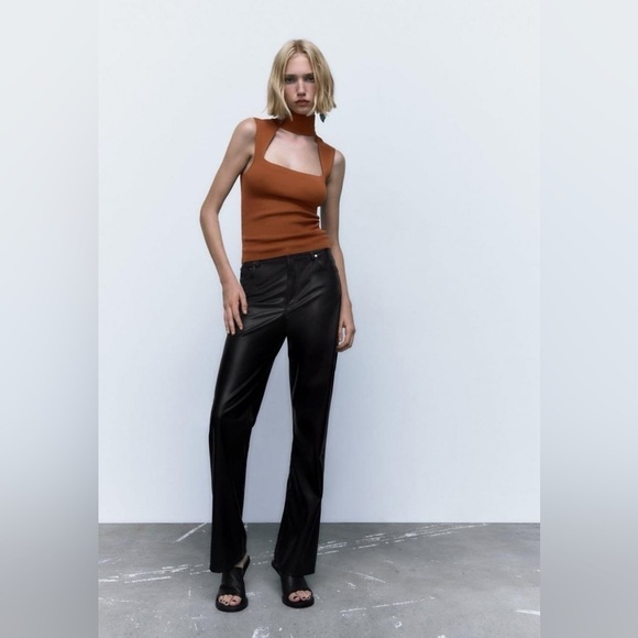 NEW ZARA Burnt Dark Orange Cut Out Choker Turtleneck Top Stretch Blouse - Picture 13 of 13